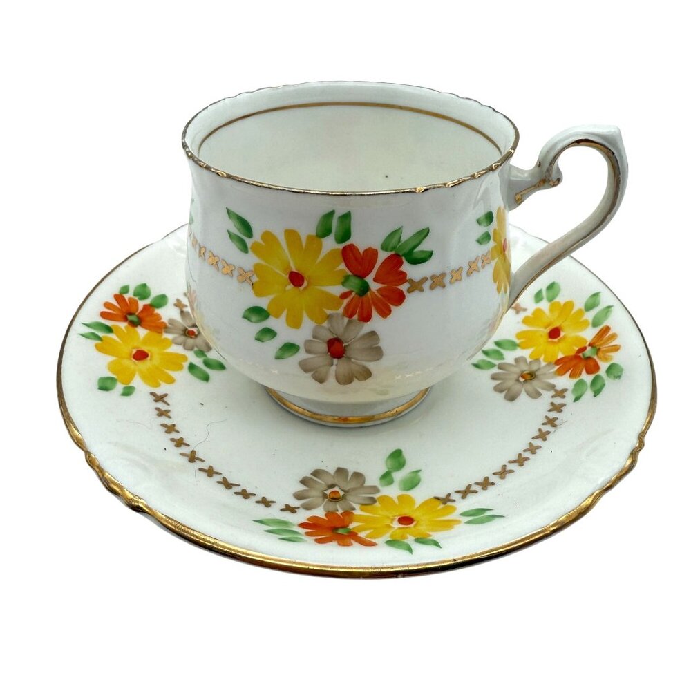 Vintage Phoenix China Floral Teacup & Saucer Set Gold Trim Made in England
